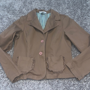 La Belle Women's XL Brown Ruffle‎ Pocket Blazer Jacket Striped Lined vintage